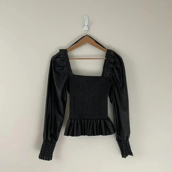 7 For All Mankind Black Faux Leather Smocked Peplum Top Size Small - Picture 1 of 6